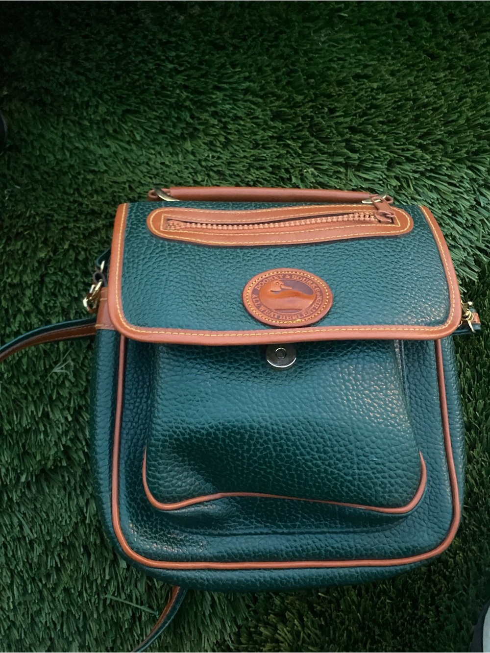 Dooney & Bourke Dark Green Pebbled Leather Crossbody with Tan Trim